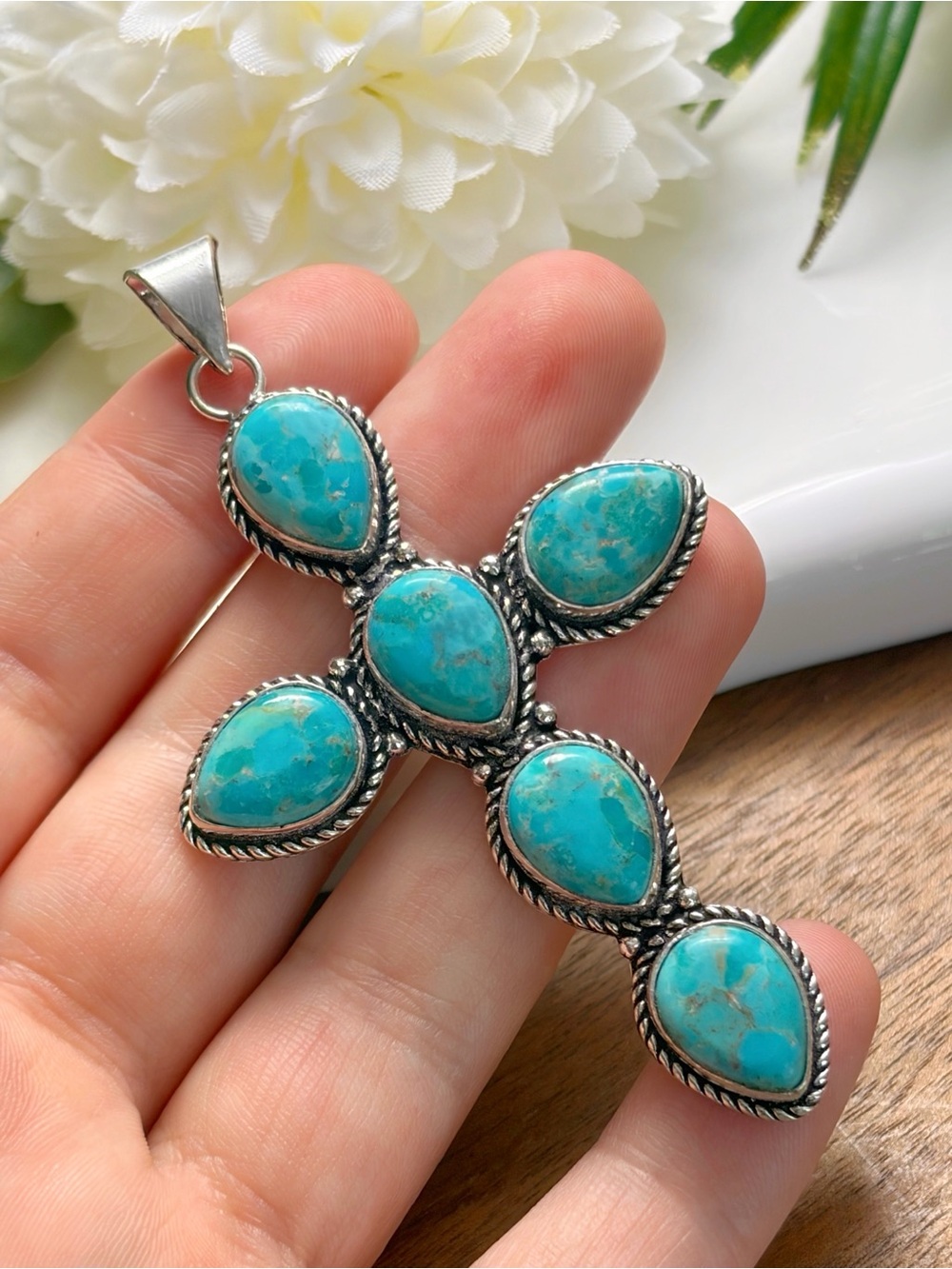 XL Mohave Turquoise Cross Pendant Southwest Sterling Silver 925 Overlay Handmade